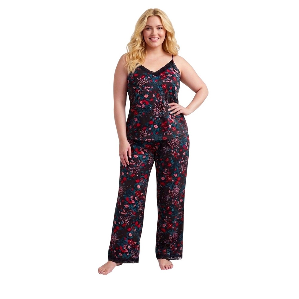 State of Day Lace-Trim Camisole Pajama Set Wispy‎ Garden Black Floral 2X